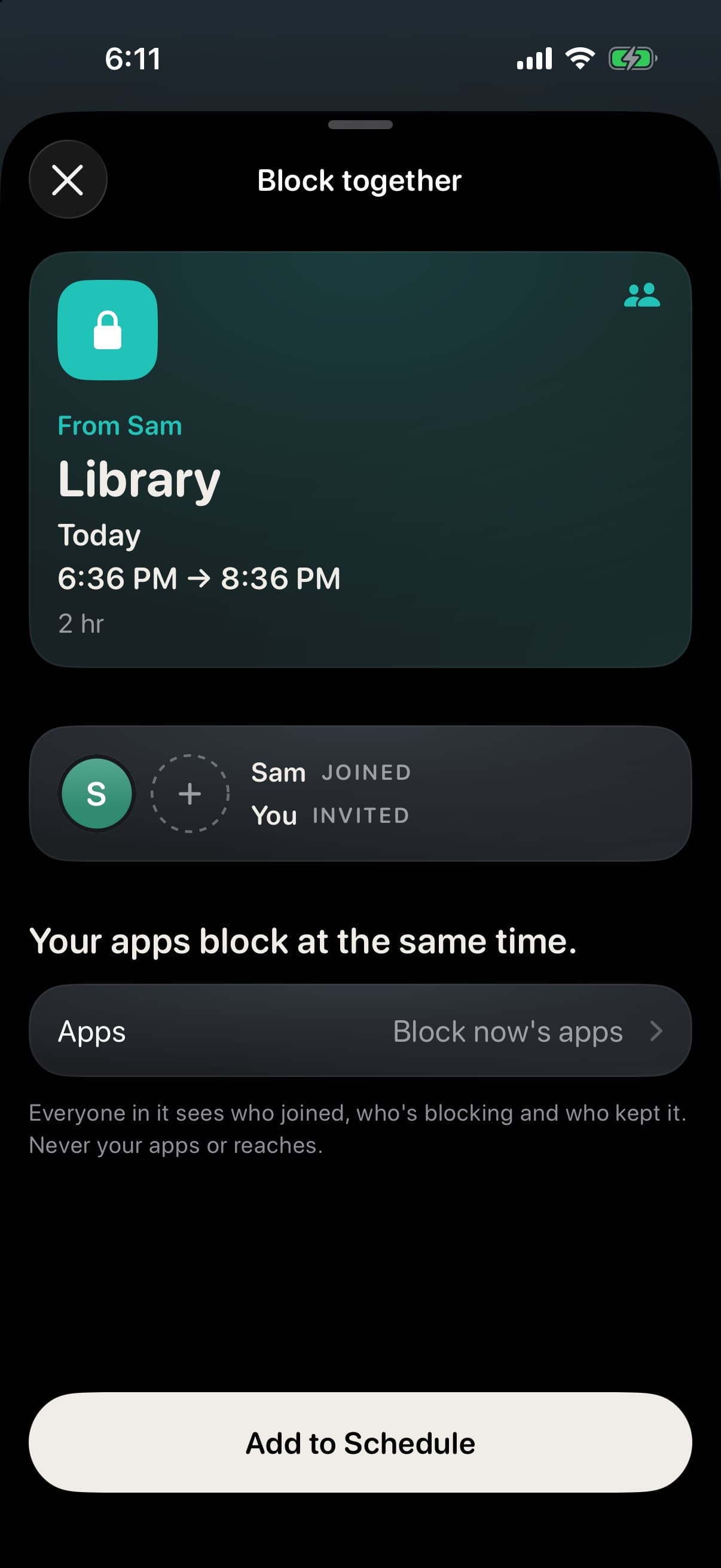 Block together: from Sam, Library, Add to Schedule
