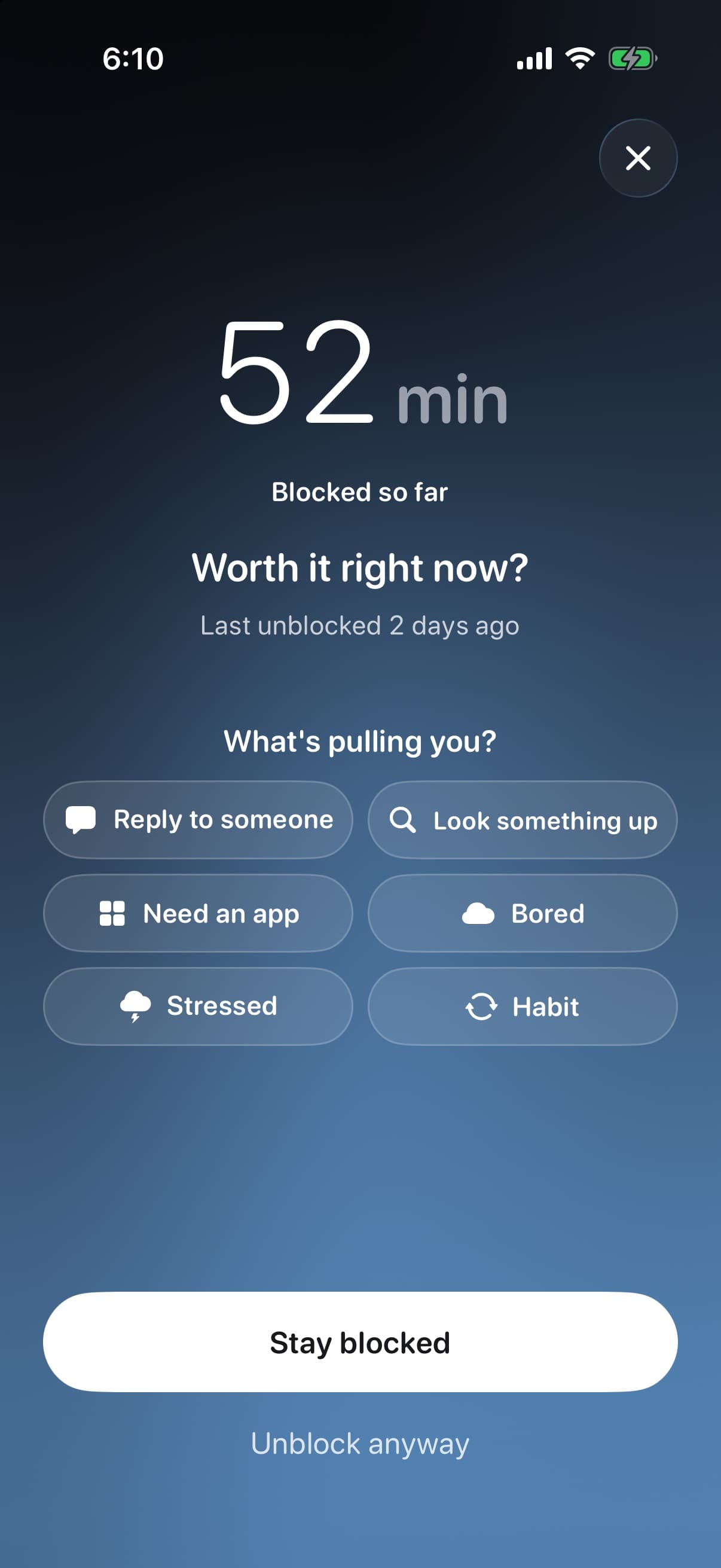 The unblock screen: 52 min blocked so far and Stay blocked